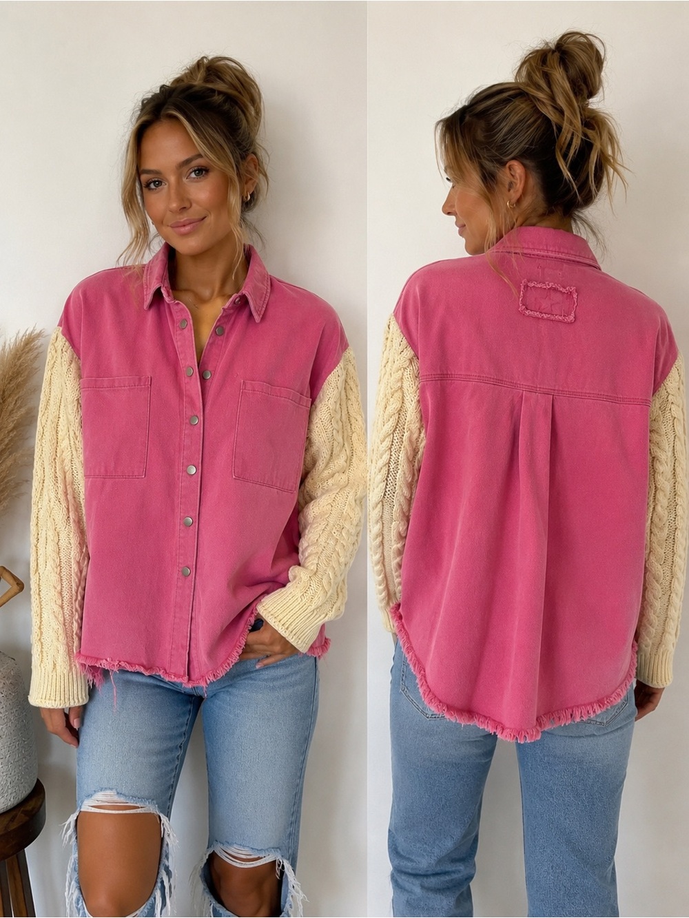 POL Pink Jean Jacket with Cream Cable Knit Sleeves